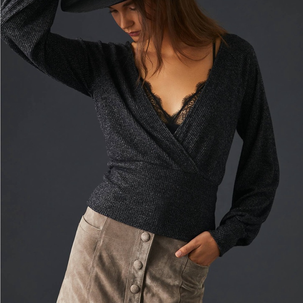 Anthropologie Black V-Neck Sweater Wrap Design